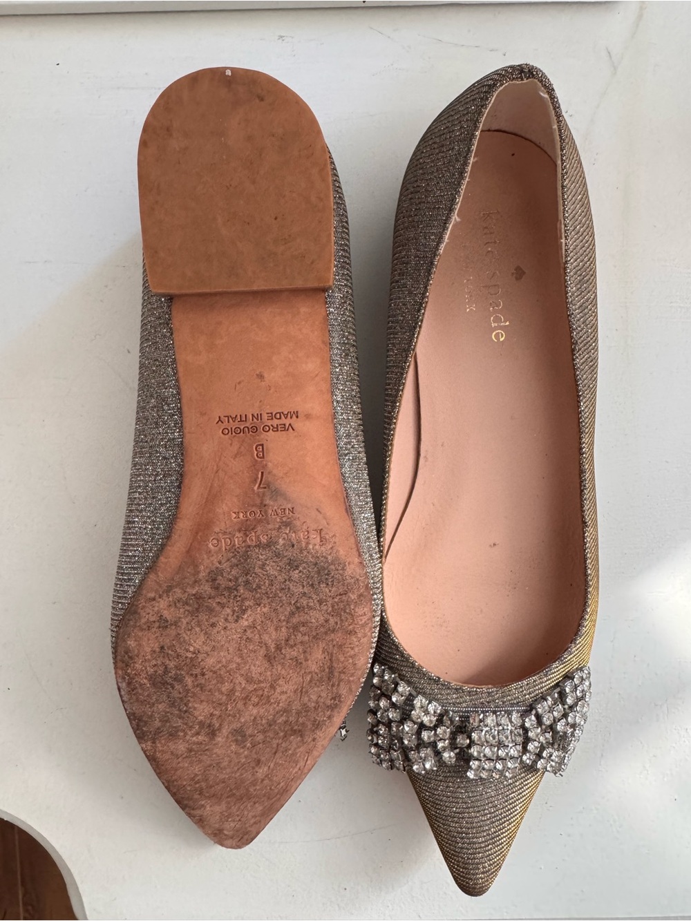 Kate Spade Metallic Pointed-Toe Crystal Bow Flats - Pewter/Gold/Silver - Picture 6 of 7